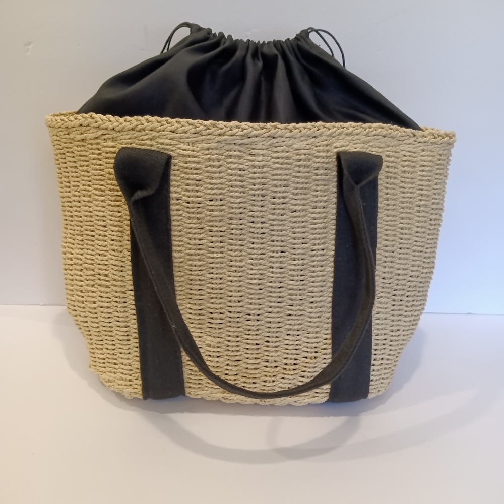 Woven Seagrass Tote Bag with Black Web Handles & Drawstring Lining - Picture 2 of 10